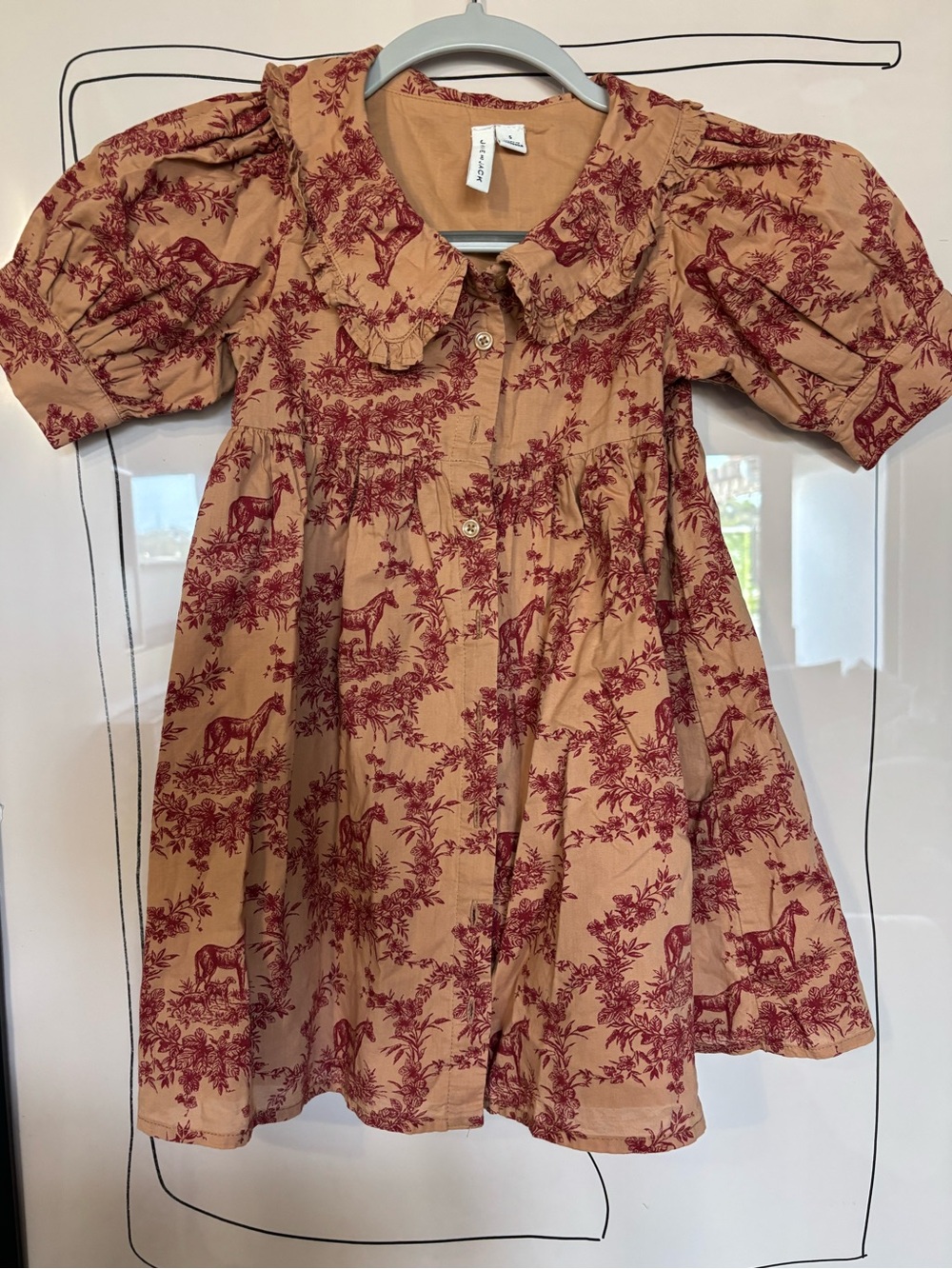 Janie & jack Girls' Ruffled Collar Dress in Tan with Burgundy Print used once
